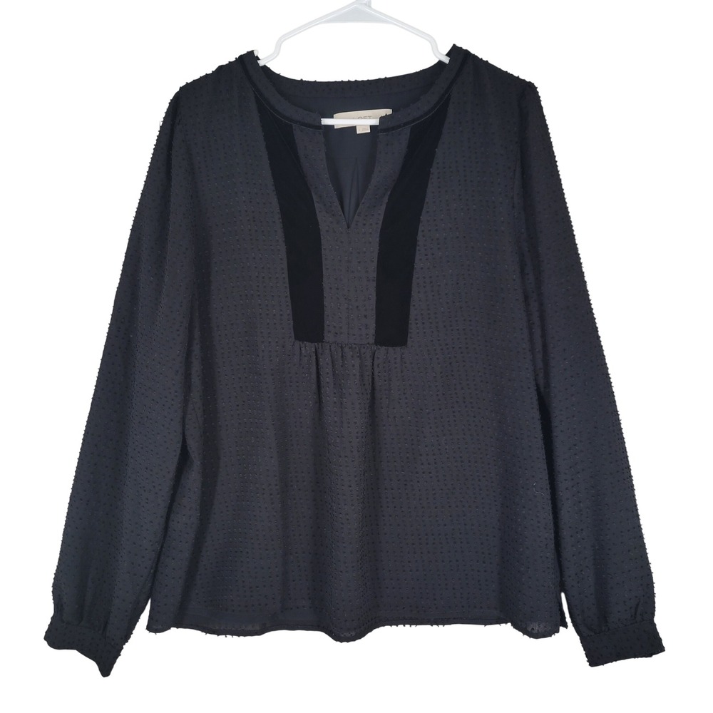 Loft Blouse Womens Large Black Textured Dot Velvet Trim Long Sleeve‎ Career
